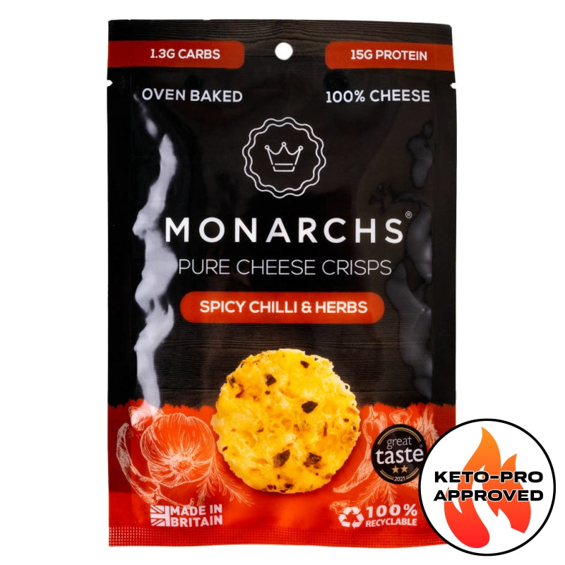 Monarchs Pure Cheese Crisps Spicy Chilli & Herb 32G. Keto Cheesy Snacks