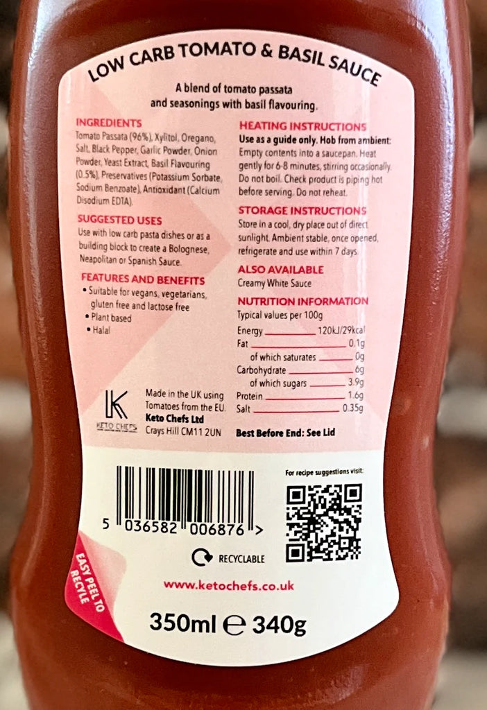 Keto Chefs Low Carb Tomato & Basil Plant Based Allergen Free Sauce, 350 ml